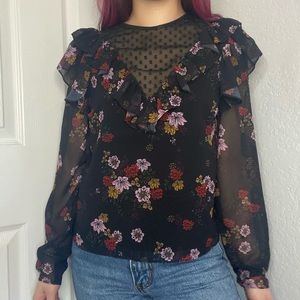Black floral chiffon sheer ruffle top